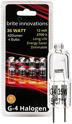 Brite Innovations G4 Halogen Bulb, 35 Watt (4 Pack) Dimmable Soft White 2700K -12V-Bi Pin -, T3 JC Type, Clear Light Bulb