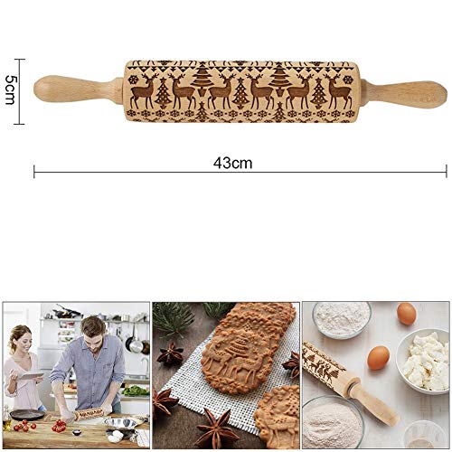 Christmas Embossing Rolling Pin Cookies Decorating Embossed Rollers Pins with Engraved Christmas Snowflakes and Deer Pattern for Baking Dough, Pie, Cookie, Fondant, Pastry, Biscuit (43X5 CM)