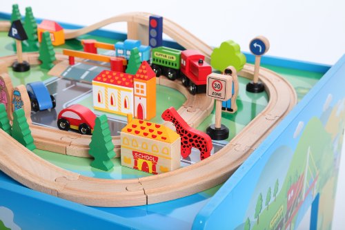 point-kids Holzeisenbahn Spielzeugeisenbahn Lok Waggon Brücke Figuren Schienen Set 70 Teile – Bild 4