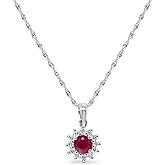 KOKAV 14K White Gold Genuine Ruby 1/2 Ct Round with Diamonds Pendant Necklace