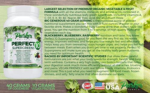 Perfect 10 Supergreens is Premium Organic Green Superfood with Very High End Ingredients in All Categories. Very Large 40 Gram Serving Size Provides 5 to 9 Servings Wholesome Fruits & Vegetables