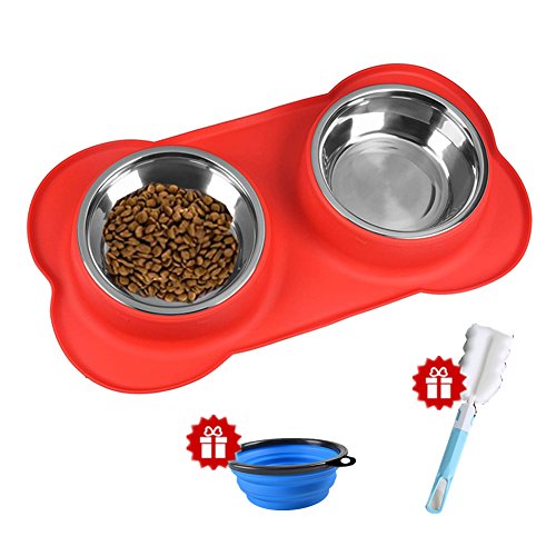 Joyous Journey Stainless Steel Double Feeder Bowl, Water & Food Bowls in Non-Skid & No Spill Silicone Tray & Mat, Bone Shape Bowls for Dogs & Cats (Red)