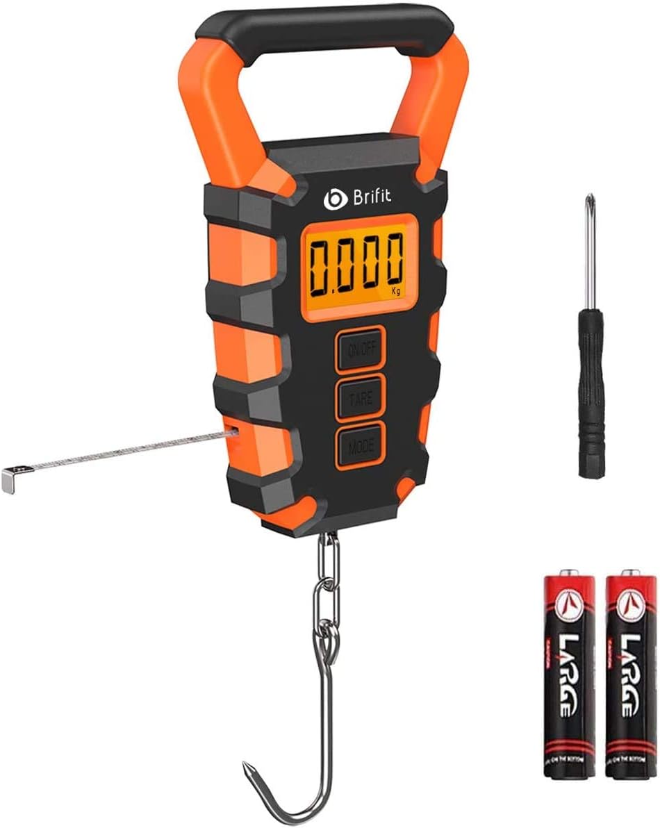 Brifit Digital Fishing Scale with Ruler, 15g/50kg Electronic Digital Luggage Scale, 110lb Max Fishing Postal Hanging Hook Scale with Measuring Tape, Backlit LCD Display (Batteries Included): Kitchen & Dining