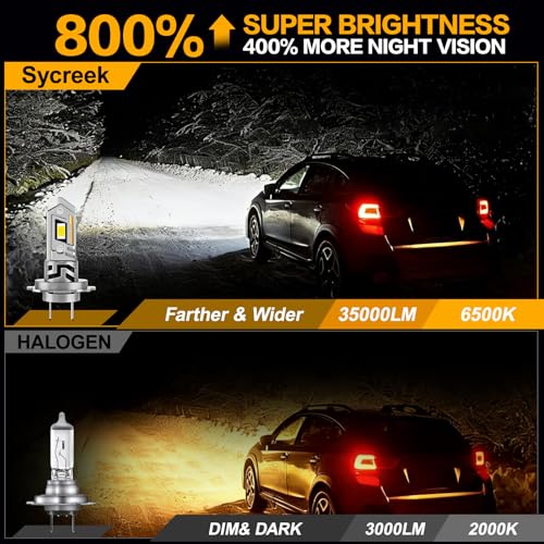 Sycreek H7 LED Bulbs 35000LM, 8X Brighter, 6500K Cool White, Focused Beam, Quiet Advanced Cooling, Plug-N-Play Installation, Pack of 2