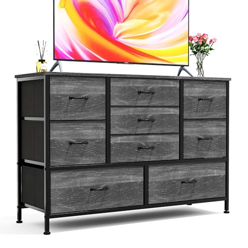 Flrrtenv Tall 9 Drawers Dresser Storage with Wood Top, TV Stand, Fabric Wide Storage Tower, Sturdy Steel Frame Storage Organizer Fit for Bedroom, Living Room, Hallway, Entryway, Closets, Black Oak