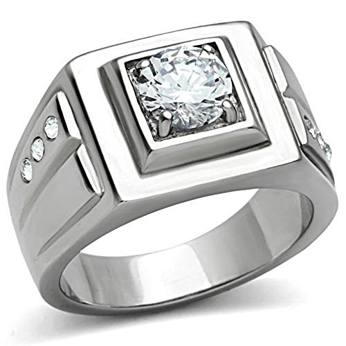 Men s stainless steel 7mm round cubic zirconia solitair…