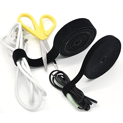 Patu Reusable Multi-Purpose Fastening Tape Cable Ties - 2 Rolls 5 Yards x 0.5 Inch Width Hook and Loop Cord Management Wire Organizer Straps, Black - Thumbnail 2