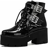 mikarka Women's Chain Platform Boots Lace Up & Zipper Chunky Heel Black Combat Ankle Booties Fashion Studded Motorcycle Boots