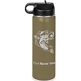 LaserGram Personalized Water Bottle, Bass Fish, Stainless Steel Double Wall Vacuum Insulated with Flip Top Straw, Custom Engraved Gift (20oz / 590ml Camo Green)