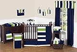 Navy Blue and Lime Green Stripe Baby Boy Bedding 11 Piece Crib Set without bumper