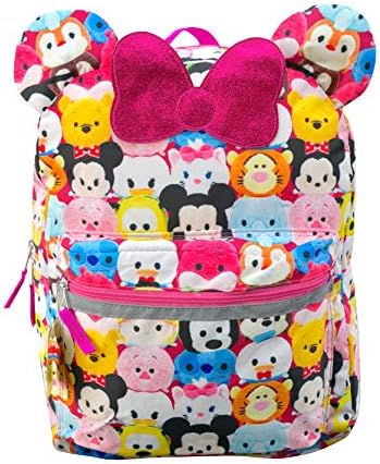 Disney Tsum Tsum Pink Bow 16" Shaped Backpack, Large One Front Zipper Pocket w/ 2 Mesh Side Pockets