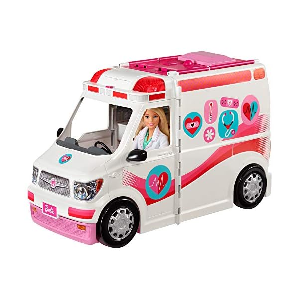 Barbie Krankenwagen, 2-in 1 inkl. aufklappbarem Krankenhaus-Spielset mit Licht und Geräuschen, 20x Barbie Zubehör wie Arztkoffer und Krücken, Spielzeug ab 3 Jahren, FRM19