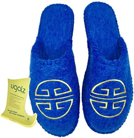 (Women Size 7) Mongolian Boiled Wool Slippers Blue (In Door and Out Door)
