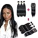Brazilian Straight Hair 3 Bundles with 4x4 Lace Closure Free Part Double Weft 10A 100% Unprocessed Virgin Remy Straight Human Hair Bundles with Closure for Black Women(14 16 18+12'' Closure)