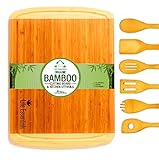 Extra Large Bamboo Cutting Board Set - The Perfect Gift. Kitchen Chopping Board and Serving Tray for Cheese, Veggie, Meat, Bread & Fish. Ideal for Housewarming, Wedding, Retirement and Birthdays.