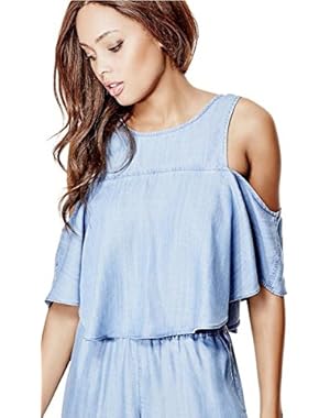 Women's Flara Ruffled Denim Cold-Shoulder Crop Top