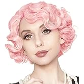 Tseses Short Pink Curly 1920s Wigs for Women Finger Wave Wig for Lady Halloween Costume Party Cosplay Hair Wigs