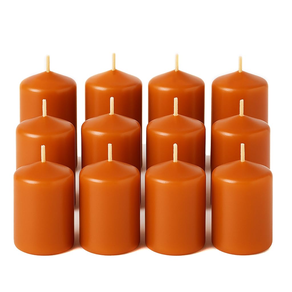 MGE - 12x Set of Fragranced Scented Pillar Candles - Aromatherapy Candle - Set of 12 Natural Aromatic Candle - Household - Interior Decoration - Non Drip - Easy to Relight - Orange - Tropical