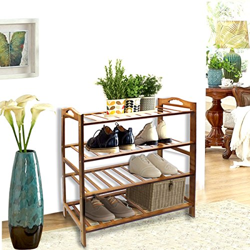 HQdeal Bamboo Shoe Rack 4 Tiers Free Standing Shoe Tower Storage Organizer Shelf Boot Stand for Entry Closet Adjustable Eco-Friendly