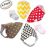 Baby Bandana Bibs (4 pack) +2 Free Pairs Of Baby Socks - Premium Quality Modern And Soft For Girls, Boys, Dribble, Teething, Drool Babies - Waterproof With Adjustable Snaps | Perfect Cute Bib Gift Set