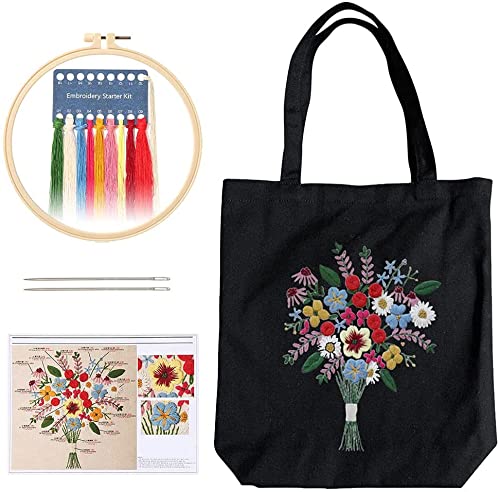 Namvo Canvas Tote Bag Embroidery Kit with Pattern and Instructions, Include Embroidery Bag with Flower Pattern, Bamboo Embroidery Hoops, Color Threads and Tool