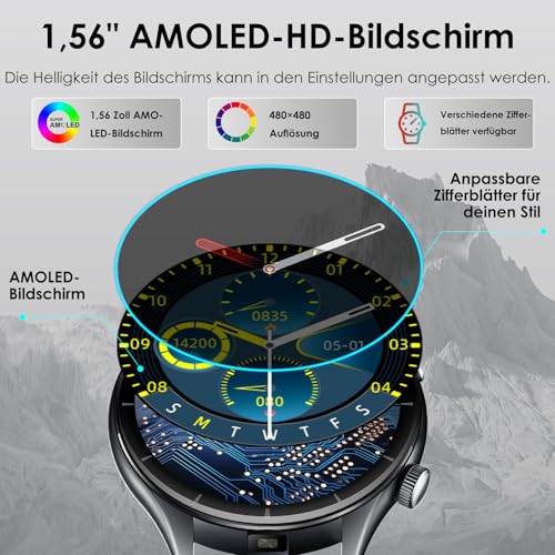 2026 Men's Smartwatch with ECG/Blood Pressure/BMI/HRV/Uric Acid/Emotion/Mood/LED Light, 1.56 Inch AMOLED Round Health Watch with SpO2/Body Temperature/Heart Rate Monitor/Sleep, SOS Emergency Call