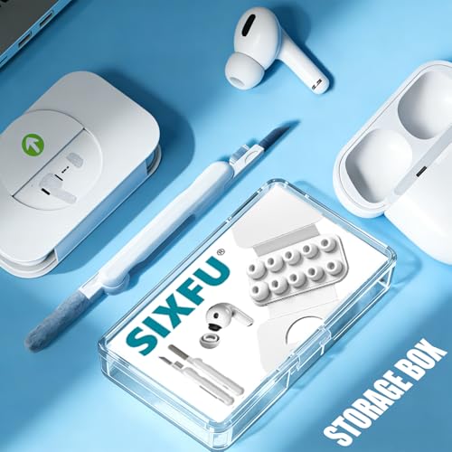 SIXFU 4 Sizes of Ear Tips Compatible with AirPod Pro and AirPods Pro 2 Ear Tips with Portable Storage Box & AirPod Cleaning Kit, Noise Reduction Hole & Dense Dust Guard Screen(XS/S/M/L)-White