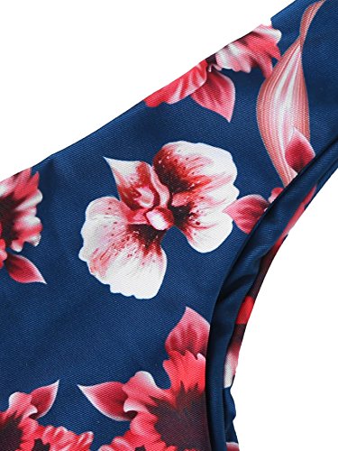 SOLYHUX Women's Flower Print Ruffle Strap Bikini Set Swimsuit Dark Blue S - Thumbnail 4