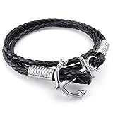 KONOV Mens Womens Leather Bracelet, Braided Anchor Wrap Bangle, Black Silver