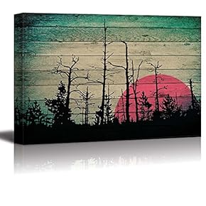 Illustration of Silhouetes of Trees as The Sun Rises Over Wood Panels - Canvas Art Home Art - 12x18 inches