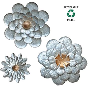 GIFTME 5 Galvanized Flowers Wall Decor Set of 3 Metal Flower Wall Art