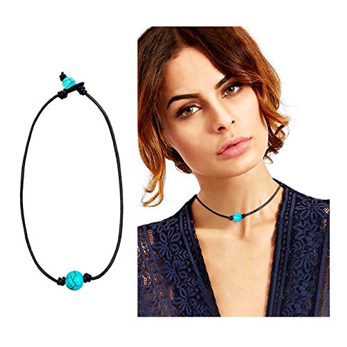 Suyi Women Choker Genuine Leather Turquoise Pearl Choker Necklace with Turquoise 16
