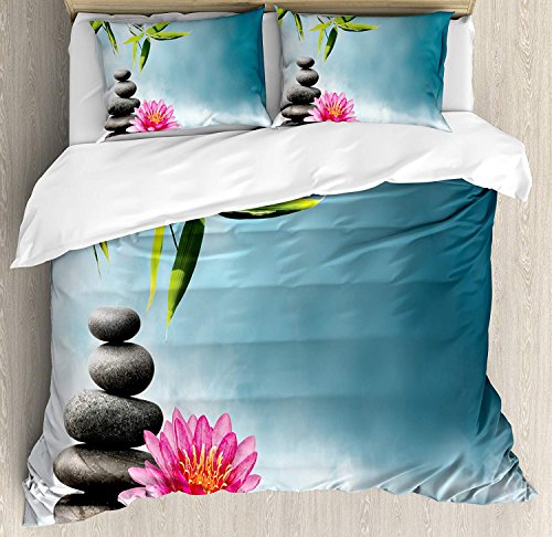 Spa Queen Ultra Soft 100% Microfiber Hotel Collection 4 Piece Set with 2 Pillow Shams Flat Sheet for Adult/Kids/Teen, Spa Theme with Lily Lotus Flower and Rocks Yoga Style Purifying Your Soul Theme
