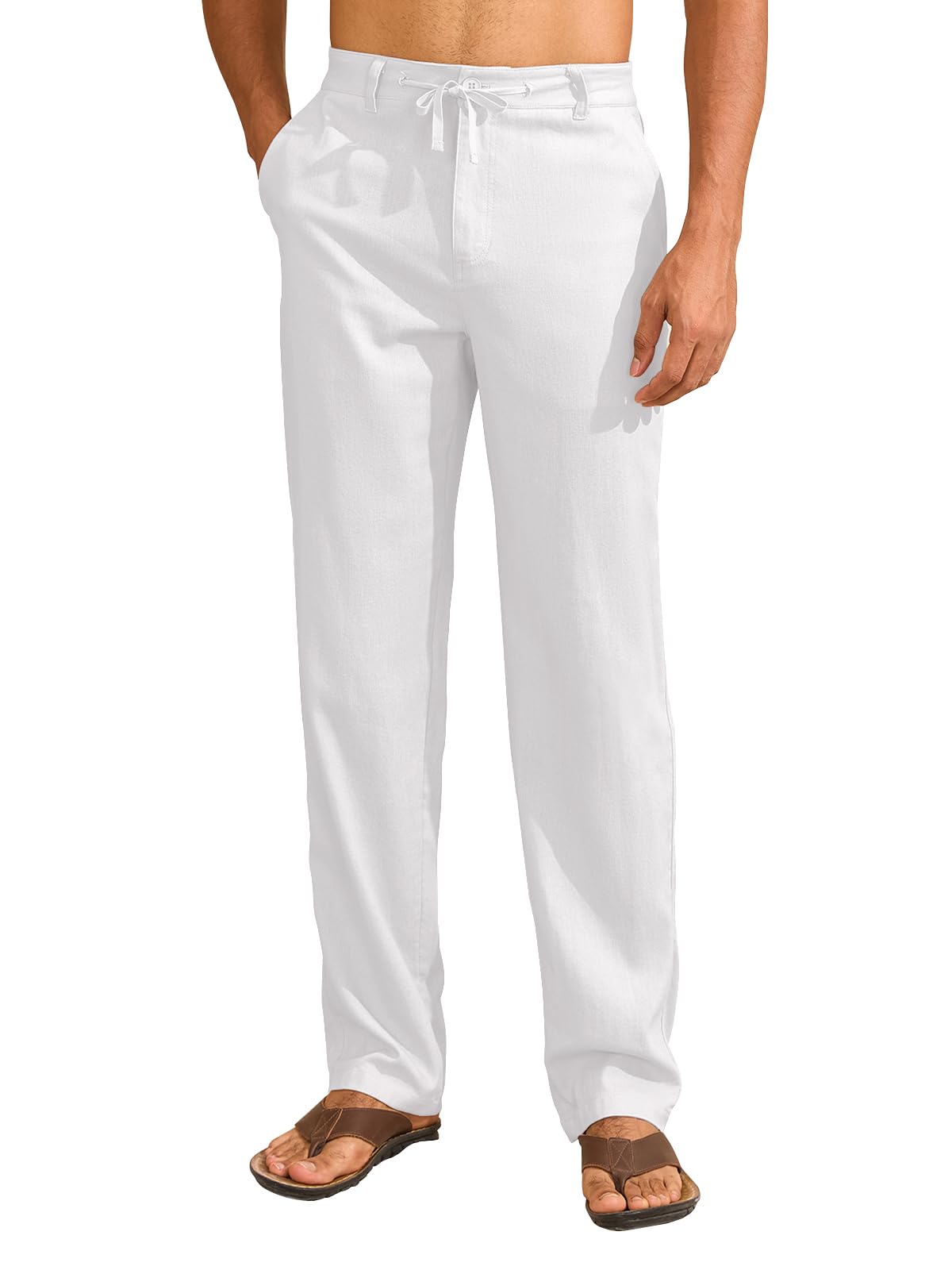 Photo 1 of Uusollecy Linen Pants for Men Lightweight Summer Beach Pants Mens Casual Drawstring Waist Linen Trousers White 30W x 30L