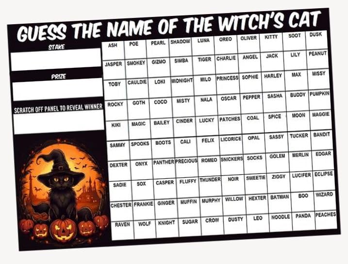 A3 Whats the Name of the Witch's Cat Halloween Fundraising Scratchcard Match and Win card