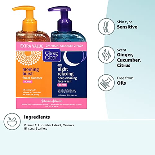 CLEAN & CLEAR 2-PACK DAY AND NIGHT FACE CLEANSER CITRUS MORNING BURST FACIAL CLEANSER WITH VITAMIN C AND CUCUMBER, RELAXING NIGHT FACIAL CLEANSER WITH SEA MINERALS, OIL NO & HYPOALLERGENIC FACE WASH