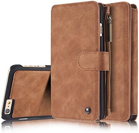 iPhone 6S Plus Case,AKHVRS Genuine Leather Wallet Case - Detachable Folio Flip Holster Case Premium Wallet Case with Credit Card and zipper Wallet Case for iPhone 6 Plus/6S Plus 5.5" (Brown)