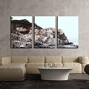 3 Piece Canvas Wall Art - Beautiful Landscape/Scenery of Panorama View Over a Cinque Terre Village - Modern Home Art Stretched and Framed Ready to Hang - 16"x24"x3 Panels