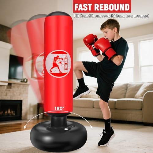 Sac de Boxe pour Enfants 6 à 12 Ans, 160cm Gonflable Sac de Frappe sur Pied, Sac de Boxe Set de Formation avec Gants, Cadeau Parfait pour Garçons et Filles pour Karaté, Taekwondo