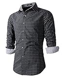 Benibos Men's Casual Long Sleeve Plaid Slim Fit Dress Shirts (L, Black)