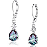925 Sterling Silver Blue Topaz/Amethyst/Rainbow Quartz CZ Teardrop Leverback Earrings Drop Dangly Gemstone Earings Hypoallergenic Birthday Jewelry Gifts for Women