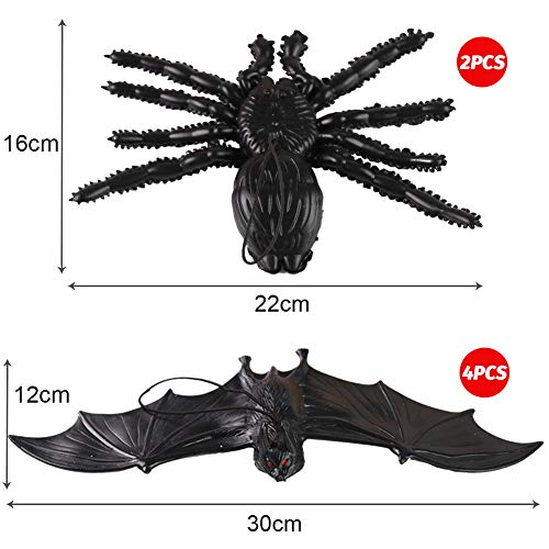 HAKACC Halloween Fledermäuse, 4 Stück Hängende Fledermäuse und 2 Stück Halloween Spinne Hängende Spinne Spuk-Gummi für Halloween Party Dekoration Kostüme