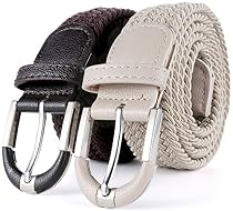 Marino Braided Stretch Belt - Fabric Woven Belt - Casual Weave Elastic Belt for Men and Women - PU Leather Loop and End Tip - Brown / Khaki - S