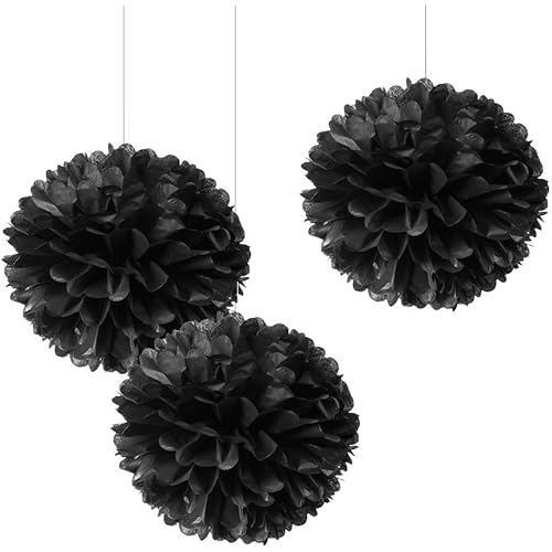 WEVEN 12" Black Tissue Pom Poms DIY Paper Flower Hanging for Party Decorations, 12pcs