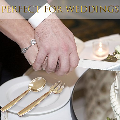 Gold Disposable Plastic Serving Utensils - Four 9 Inch Forks, Four 9 Inch Spoons and Four 6 1/2 Inch Serving Tongs