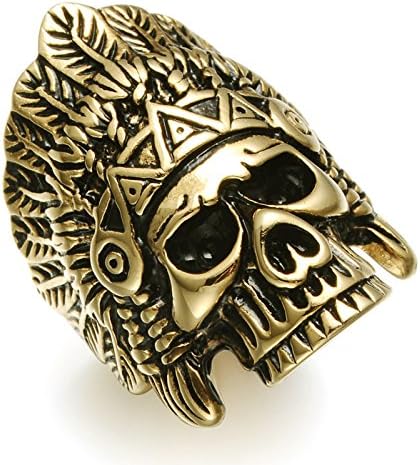 Eamaott Cool Indian Chiefs Headdress Skull Ring Men Stainless Steel Hip Hop Biker Ring Gold Size 13