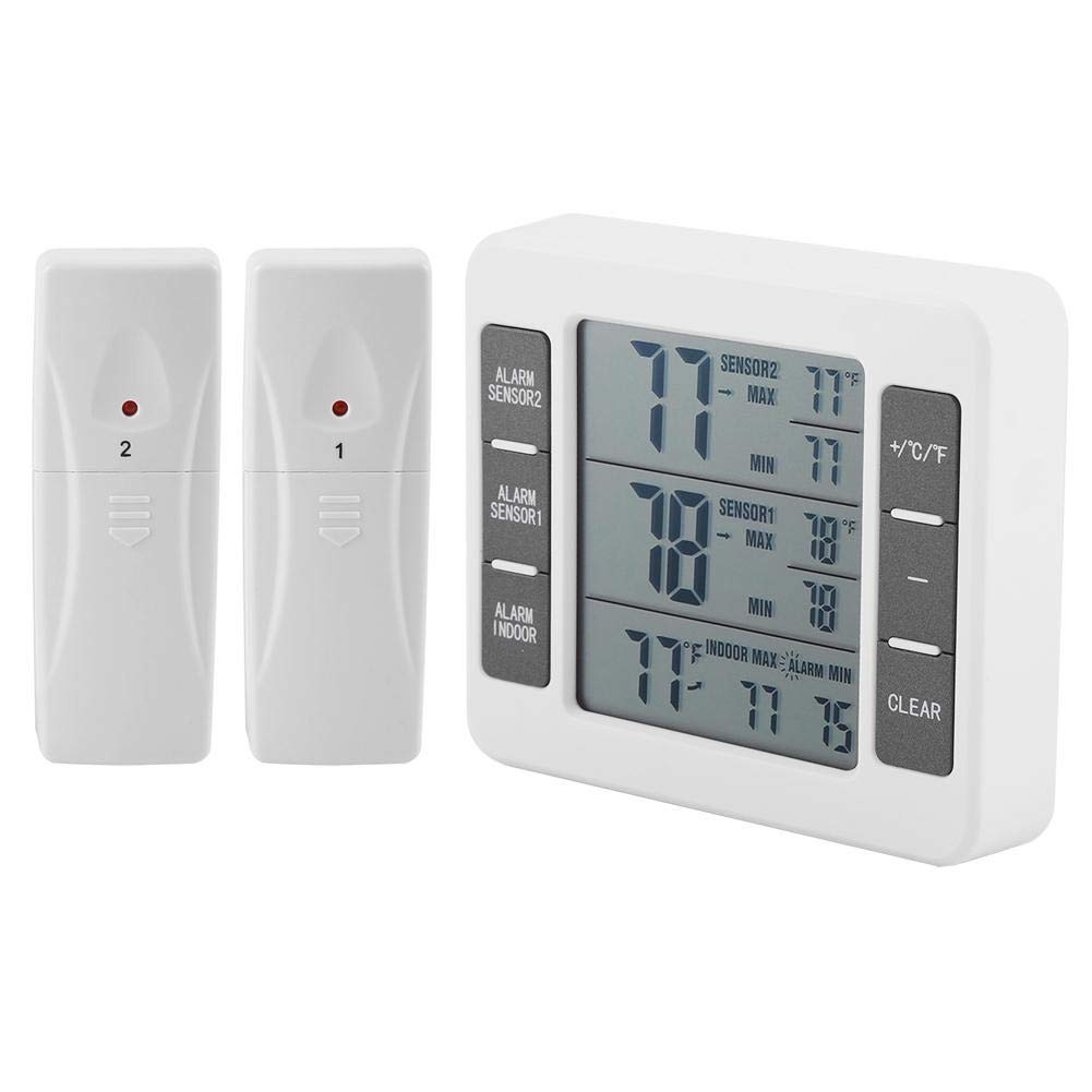 Digital Hygrometer - Wireless Refrigerator Thermometer Digital Audible Alarm Therometer with 2PCS Sensor Min/Max Display (Battery Not Included)