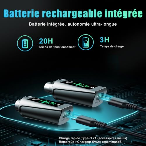 Aveek Wireless XLR Transceiver for Dynamic Microphone 60m Range | Latency <2ms, stable signal, 20h battery life, auto pairing, adapter for mixer, sound, church and stage