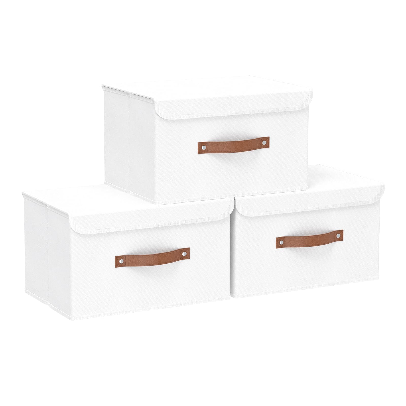 Yawinhe Storage Boxes with Lids 3 Pack, Collapsible Bin with Handle, for Organizing Clothes, 33x23x20cm, White, SNK018WL-S