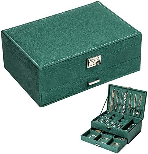 Amasava Jewelry Box, Accessory Case, Jewelry Box, Necklace, Ring, Earrings, Accessory Storage, Large Capacity, 2 Tiers, Compact, Present, Women’s, Small Items, Green